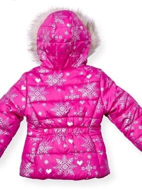 Arctic Quest Pink Snowflake-Print Puffer Jacket with Faux Fur Hood